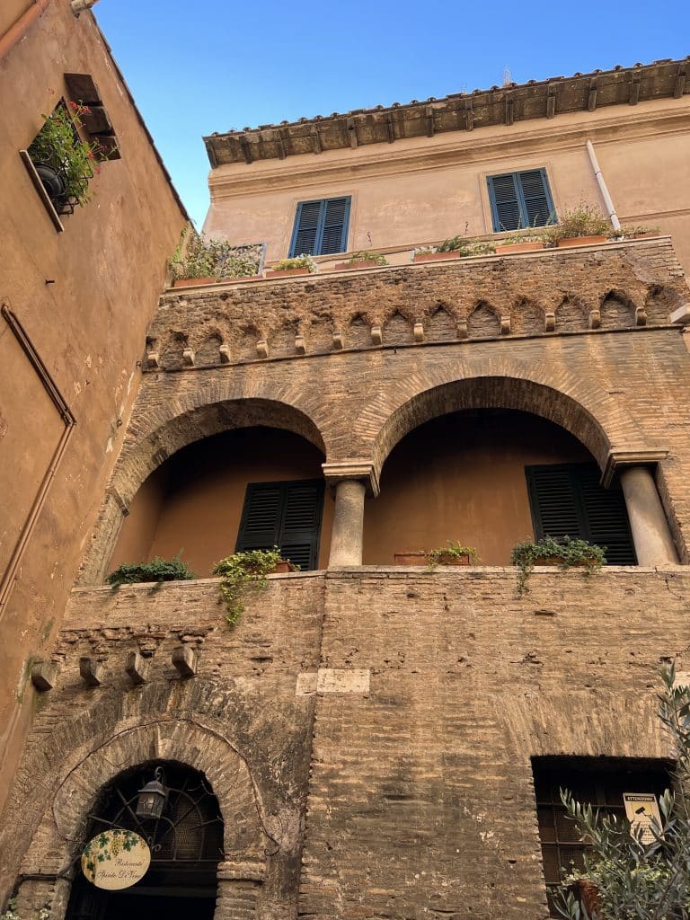 Facade of old synagogue where Spirito di Vino is located in Trastevere.