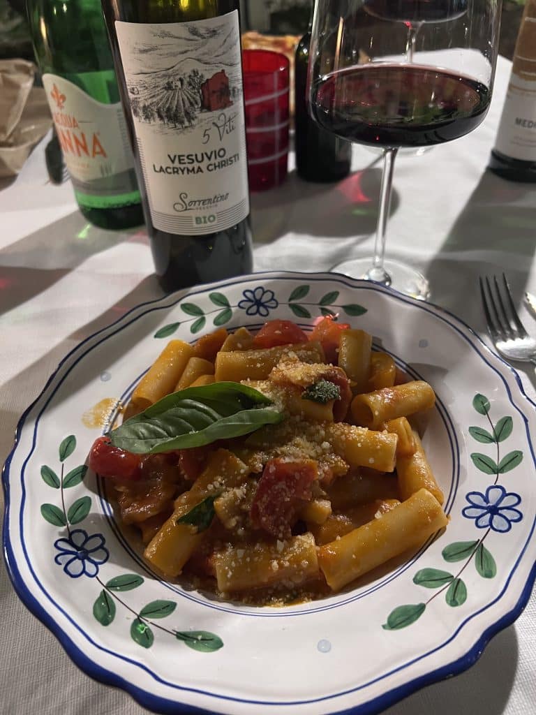 Plate of  rigatoni pasta and red wine.