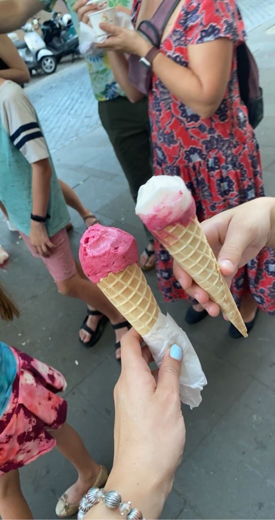 Gelato in cones during food tour in italy.