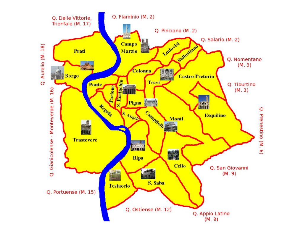 Map of the neighborhoods in Rome. The neighborhoods are yellow outlined in red. The Tiber River is blue.