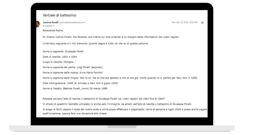 Email in Italian to an Italian Parish requesting a baptism record for an ancestor.