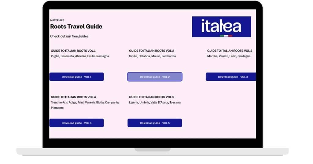 Screenshot from the Italea website showing all the heritage trip guides for each region in Italy.