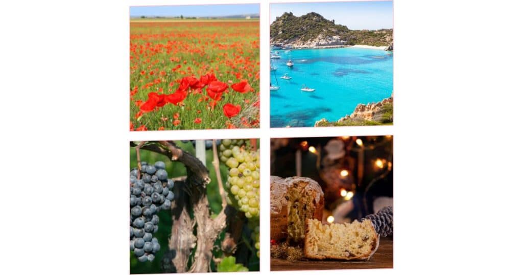 Four photos showing the different seasons In Italy.  Each season has much to offer for a heritage trip in Italy.