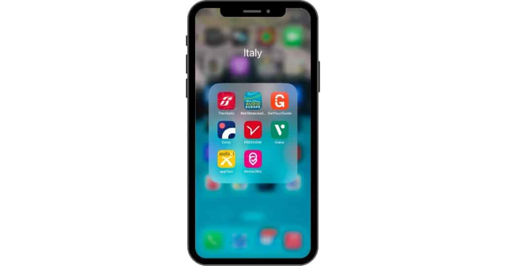Italy folder on a phone with useful apps for Italy heritage trip.