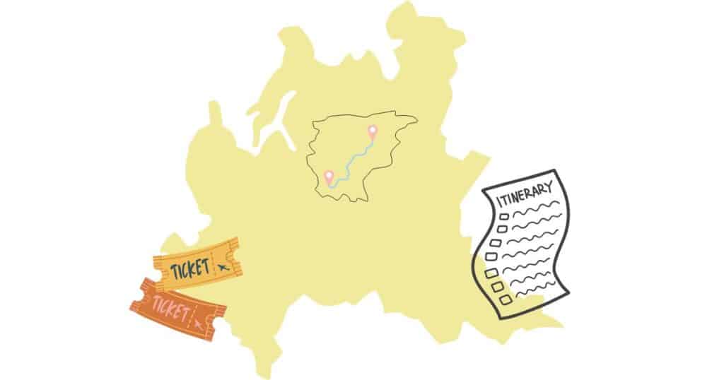 Yellow map of Lombardy with graphics of tickets and an itinerary. Sketch out your heritage trip itinerary.