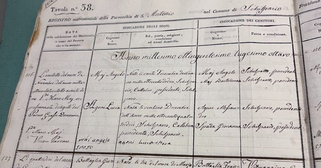 Parish record in Schilpario of marriage between Angelo Mai and Lucia Agoni, my ancestors