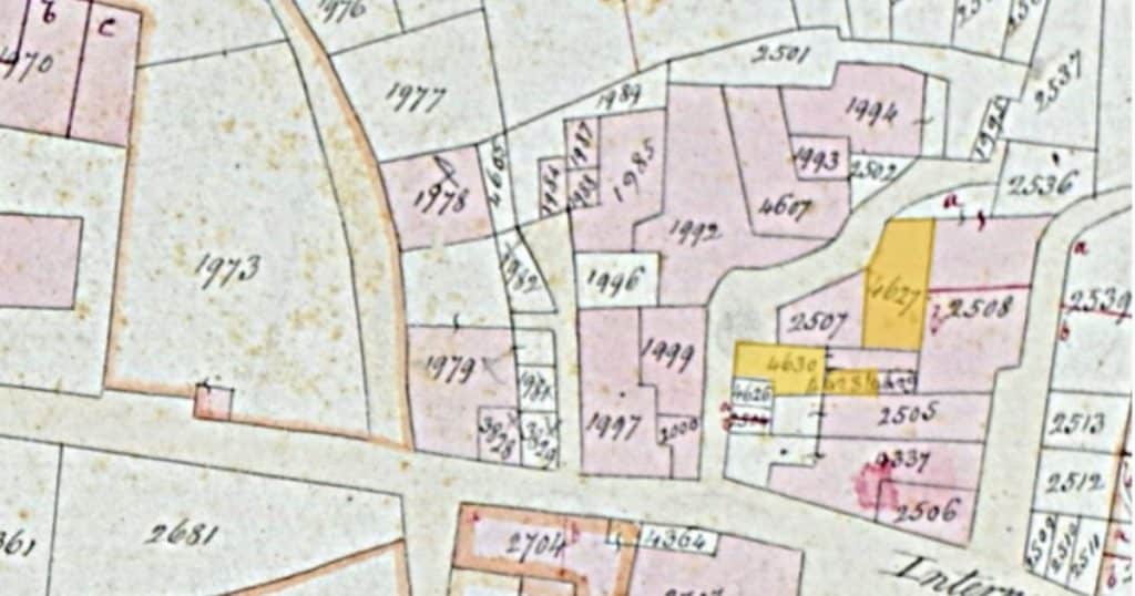 Historical cadastral map of Schilpario with the properties of the Grassi and Mai families highlighted in yellow