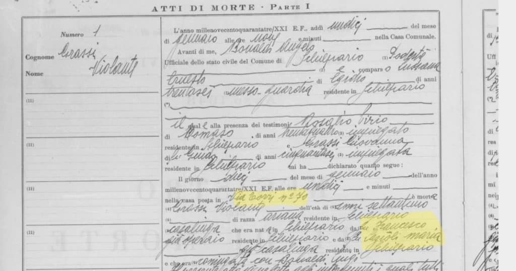 Death certificate of Violante Grassi in Schilpario, showing her father Francesco Grassi and the address Via Torri 70