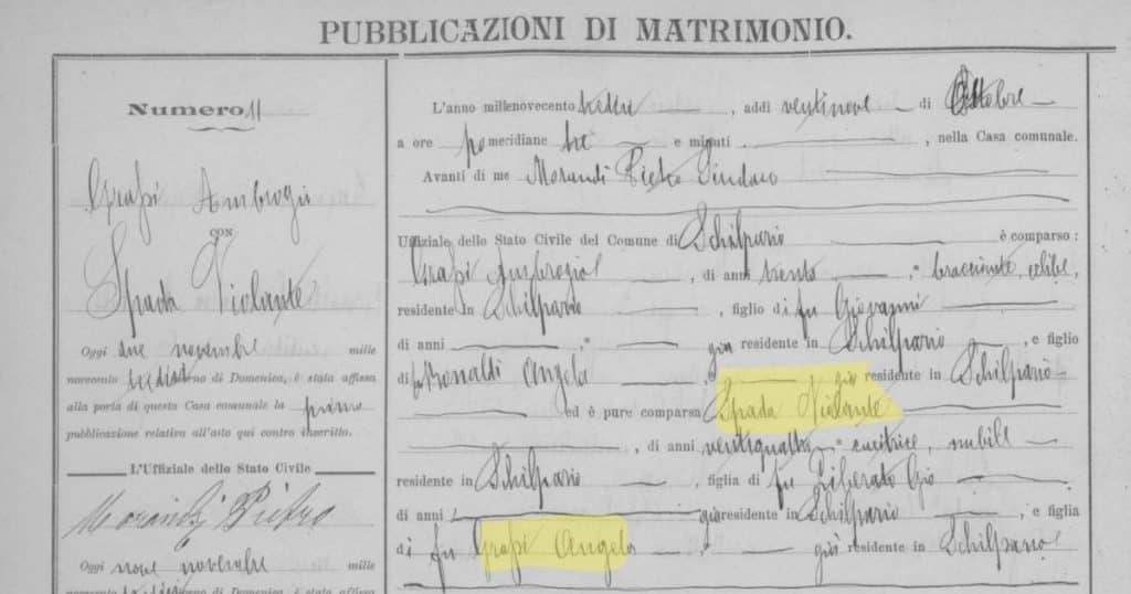 Italian marriage publication (Pubblicazioni di Matrimonio) for Violante Spada in Schilpario, showing Angela Grassi listed as her mother