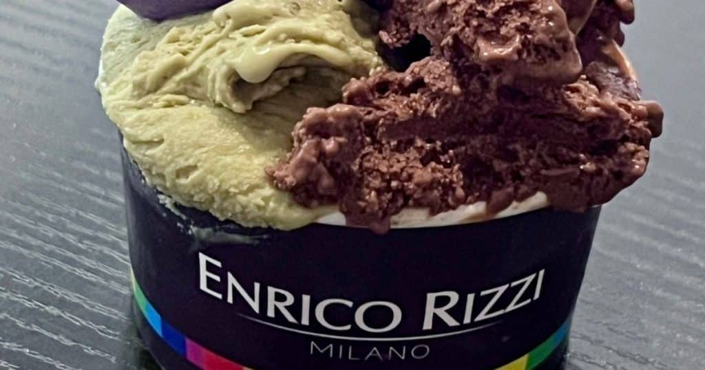 Pistachio and chocolate gelato in a cup from Enrico Rizzi Milano