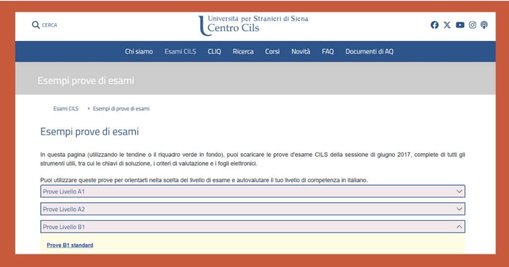 Screenshot of official CILS past exam examples for the Italian B1 exam, from Università per Stranieri di Siena
