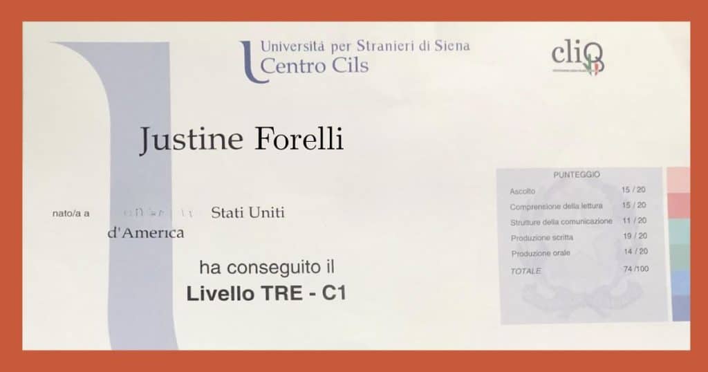 Justine Forelli's CILS C1 Italian certificate from Università per Stranieri di Siena, two levels above the B1 exam covered in this post