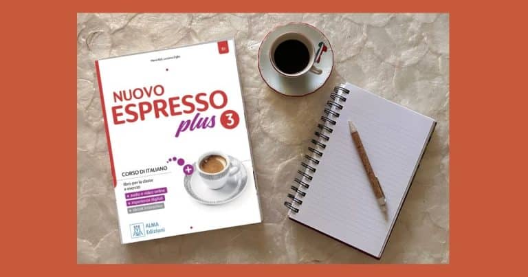 Nuovo Espresso Plus 3 Italian textbook for B1 level, with coffee and notebook for studying