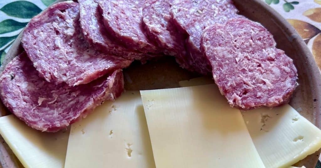 Close up up sliced Bergamasco salami and cheese on a plate